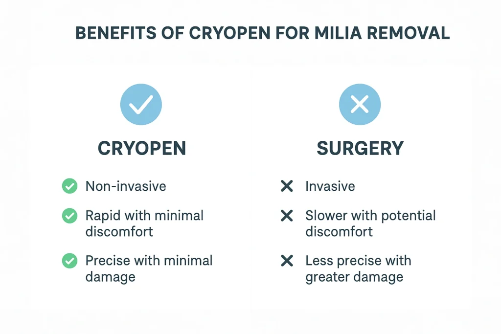 Benefits of cryopen for milia removal Chester compared to surgical treatments.