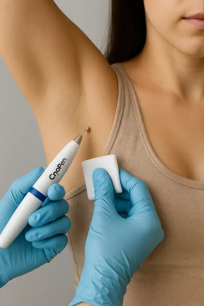 woman having cryopen to remove underarm skin tags Chester