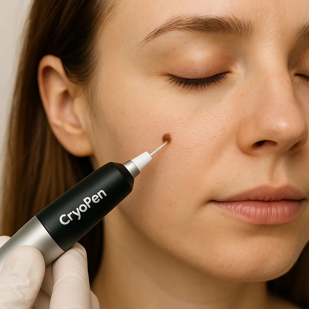 woman receiving facial mole removal Chester using cryopen 
