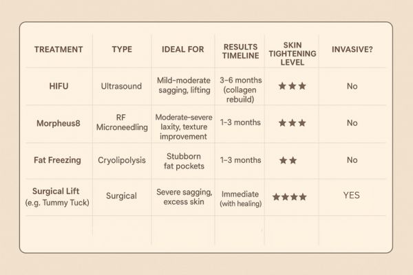 Table showing the comparisons of Skin tightening Chester treatment options. 